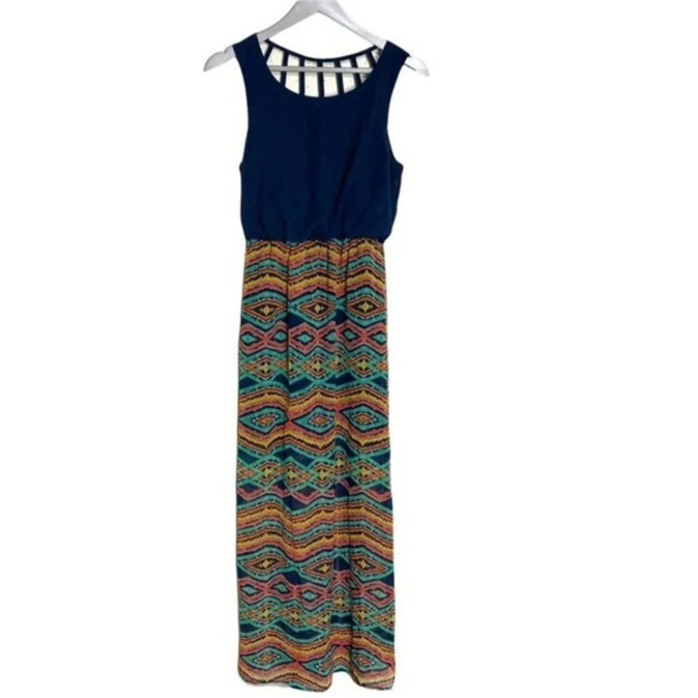 My Michelle‎ Maxi Dress M Blue Multicolor Tribal Print Cage Back Boho Sleeveless